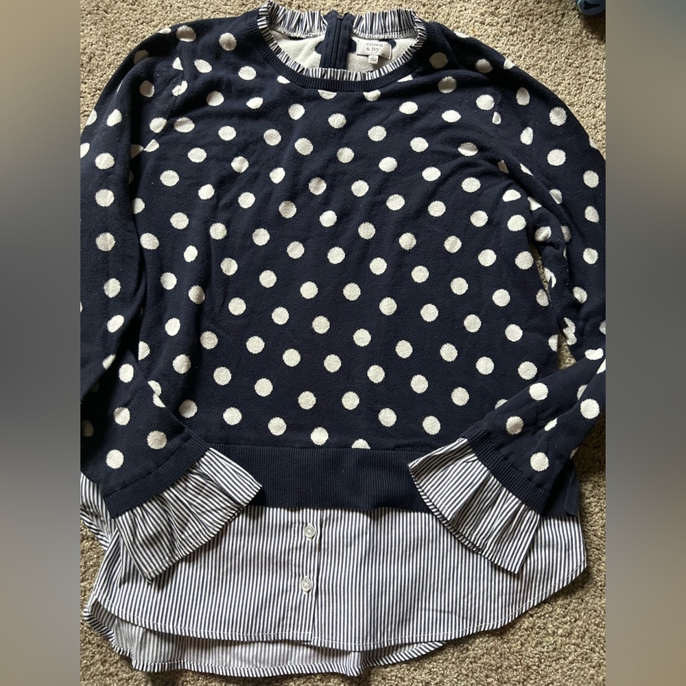 Crown And Ivy ladies XL lightweight navy polka dot shirt